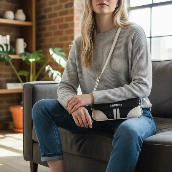 Steve Madden Moto Two-Tone Black and Cream Shoulder Bag - Picture 11 of 11